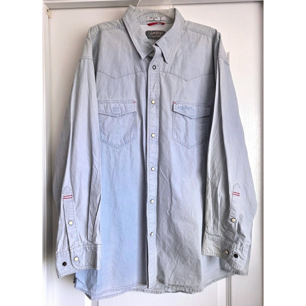VTG Orvis Trout Bum Blue Cotton Vented Fishing Shirt Long Sleeve Snap Men Sz XXL